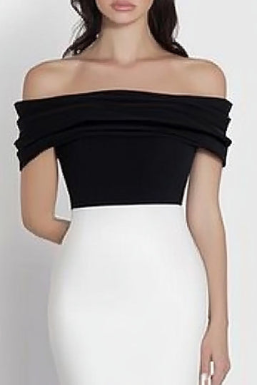 Black and White Satin Off the Shoulder Mermaid Long Formal Dress